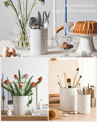 Kitchen Utensil Holder Set of 2 - 6.9"+5.3" Large Ceramic Cooking Utensil Crock & Organizer for Spatula, Spoon, Whisk - Farmhouse Countertop Storage, Arctic White, Embossed, Bee