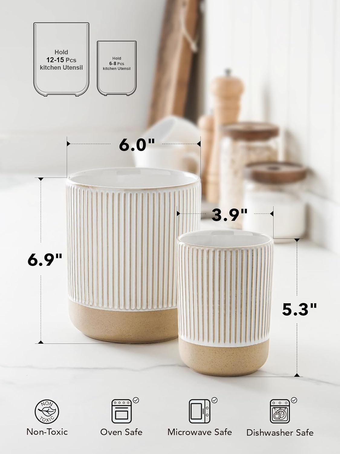 Kitchen Utensil Holder Set of 2 - 6.9"+5.3" Large Ceramic Cooking Utensil Crock & Organizer for Spatula, Spoon, Whisk - Farmhouse Countertop Storage, Arctic White, Embossed, Bee