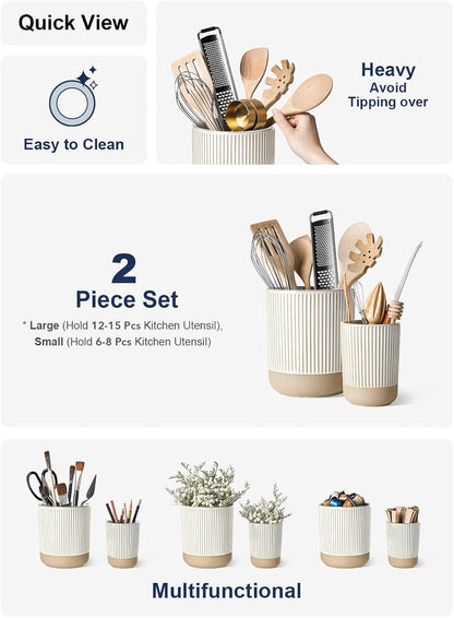 Kitchen Utensil Holder Set of 2 - 6.9"+5.3" Large Ceramic Cooking Utensil Crock & Organizer for Spatula, Spoon, Whisk - Farmhouse Countertop Storage, Arctic White, Embossed, Bee