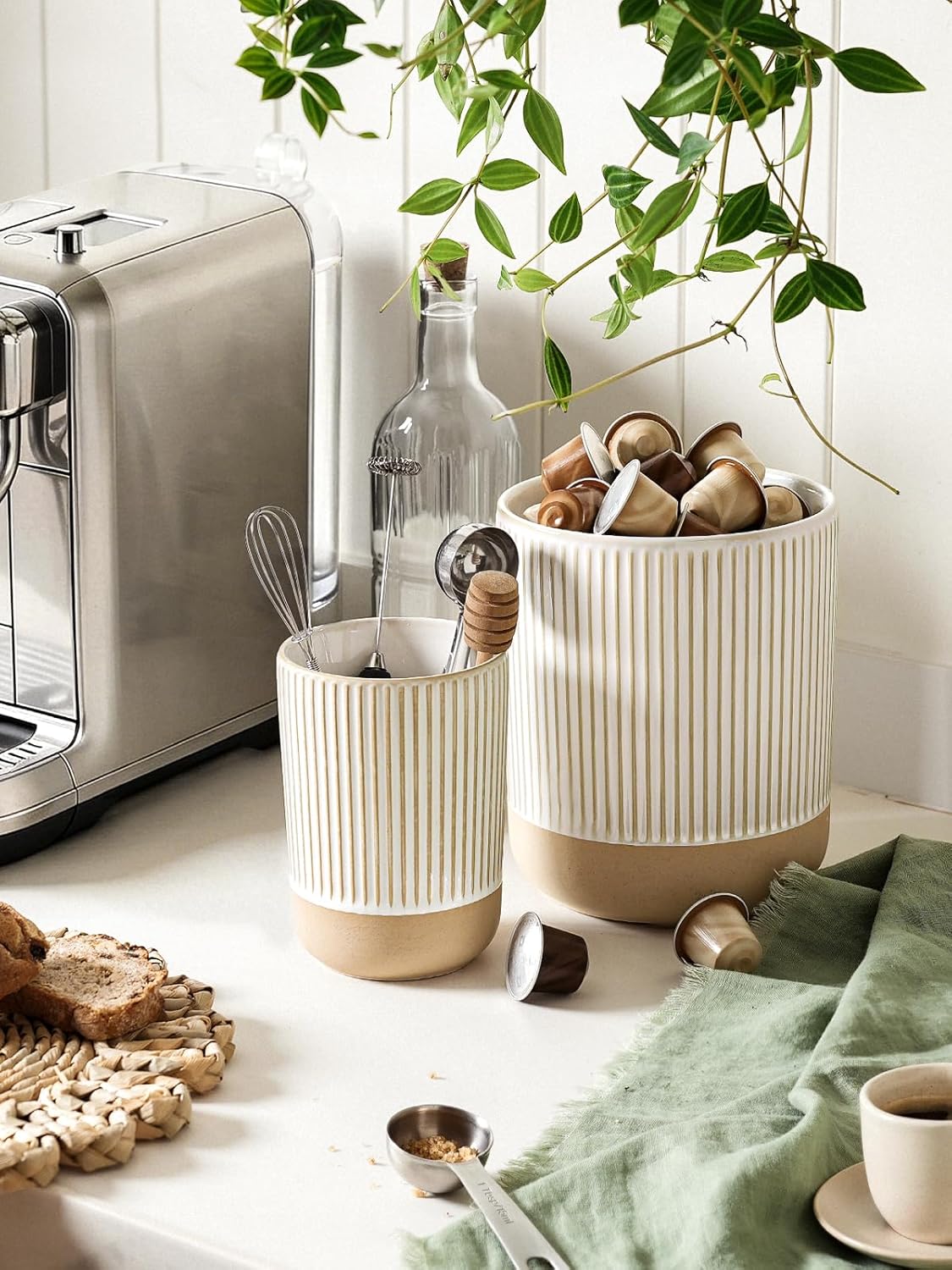 Kitchen Utensil Holder Set of 2 - 6.9"+5.3" Large Ceramic Cooking Utensil Crock & Organizer for Spatula, Spoon, Whisk - Farmhouse Countertop Storage, Arctic White, Embossed, Bee