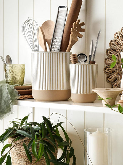 Kitchen Utensil Holder Set of 2 - 6.9"+5.3" Large Ceramic Cooking Utensil Crock & Organizer for Spatula, Spoon, Whisk - Farmhouse Countertop Storage, Arctic White, Embossed, Bee