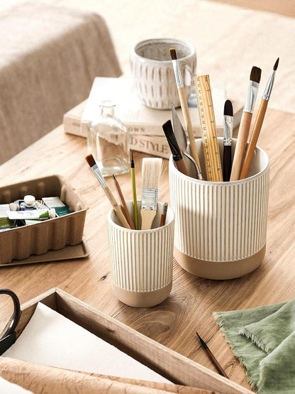 Kitchen Utensil Holder Set of 2 - 6.9"+5.3" Large Ceramic Cooking Utensil Crock & Organizer for Spatula, Spoon, Whisk - Farmhouse Countertop Storage, Arctic White, Embossed, Bee