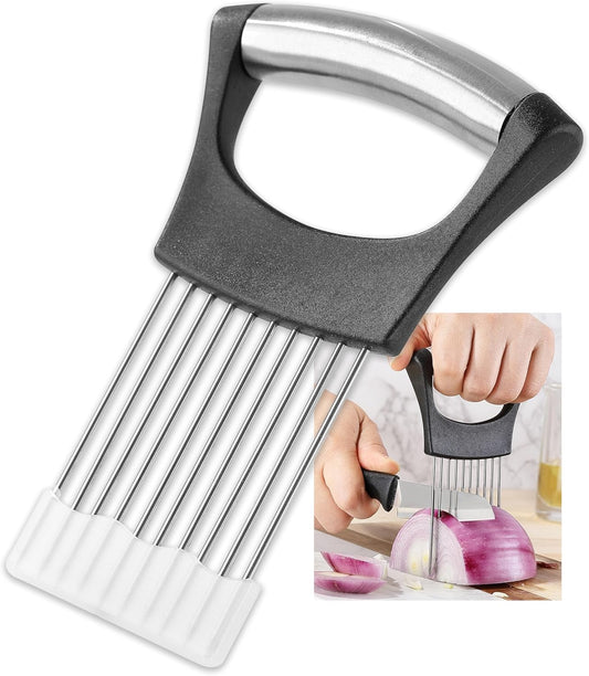 Onion Slicer, Stainless Steel Onion Cutter for Slicing and Storage Onions, Tomato, Eggs and Vegetables, Protective Cover Included, Dishwasher Safe (Black)