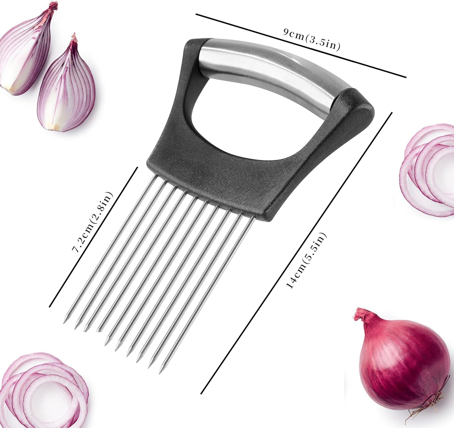 Onion Slicer, Stainless Steel Onion Cutter for Slicing and Storage Onions, Tomato, Eggs and Vegetables, Protective Cover Included, Dishwasher Safe (Black)