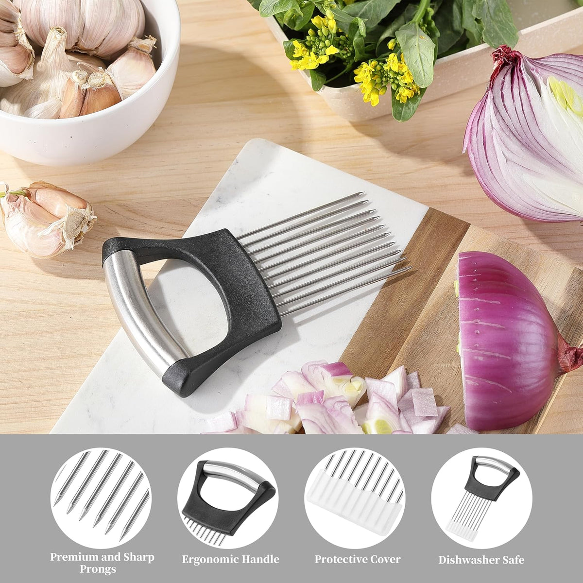 Onion Slicer, Stainless Steel Onion Cutter for Slicing and Storage Onions, Tomato, Eggs and Vegetables, Protective Cover Included, Dishwasher Safe (Black)