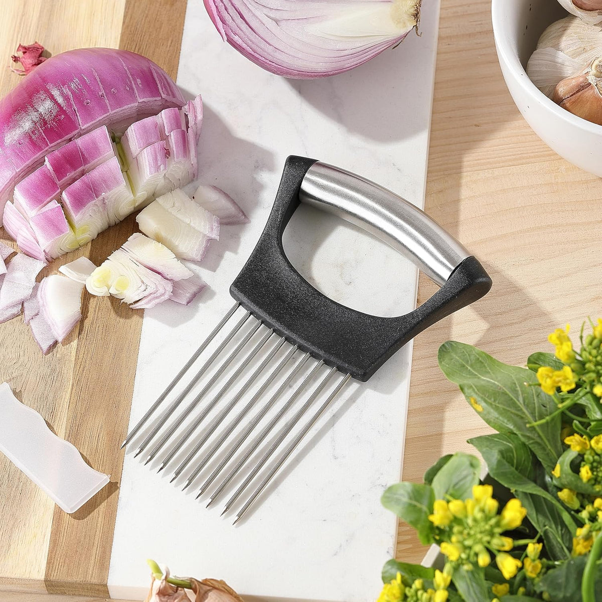 Onion Slicer, Stainless Steel Onion Cutter for Slicing and Storage Onions, Tomato, Eggs and Vegetables, Protective Cover Included, Dishwasher Safe (Black)