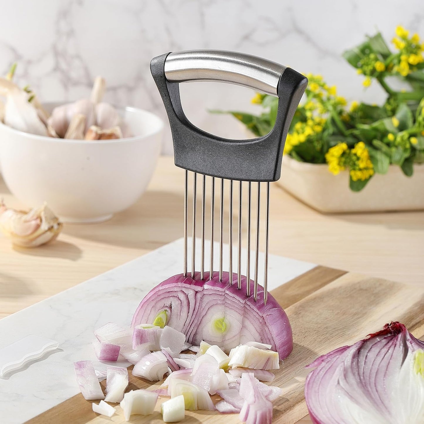 Onion Slicer, Stainless Steel Onion Cutter for Slicing and Storage Onions, Tomato, Eggs and Vegetables, Protective Cover Included, Dishwasher Safe (Black)