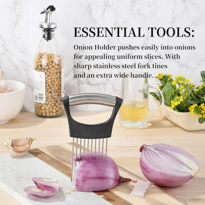 Onion Slicer, Stainless Steel Onion Cutter for Slicing and Storage Onions, Tomato, Eggs and Vegetables, Protective Cover Included, Dishwasher Safe (Black)