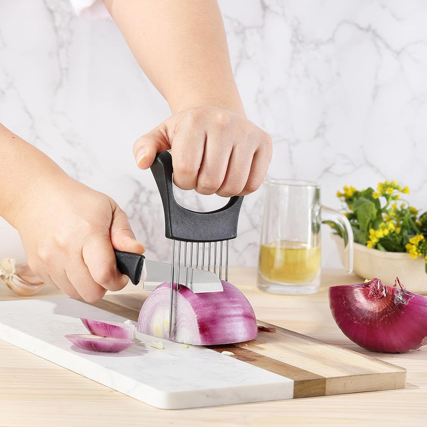 Onion Slicer, Stainless Steel Onion Cutter for Slicing and Storage Onions, Tomato, Eggs and Vegetables, Protective Cover Included, Dishwasher Safe (Black)