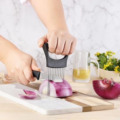 Onion Slicer, Stainless Steel Onion Cutter for Slicing and Storage Onions, Tomato, Eggs and Vegetables, Protective Cover Included, Dishwasher Safe (Black)