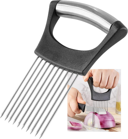 Onion Slicer, Stainless Steel Onion Cutter for Slicing and Storage Onions, Tomato, Eggs and Vegetables, Protective Cover Included, Dishwasher Safe (Black)