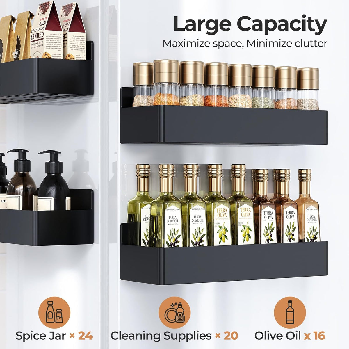 Magnetic Spice Rack for Refrigerator, Kitchen Organizer and Storage Shelf, Black (4 Pack)…