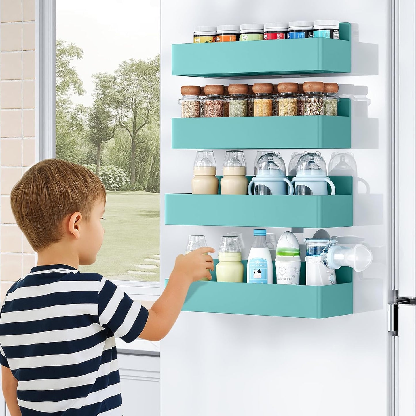 Magnetic Spice Rack for Refrigerator, Kitchen Organizer and Storage Shelf, Black (4 Pack)…