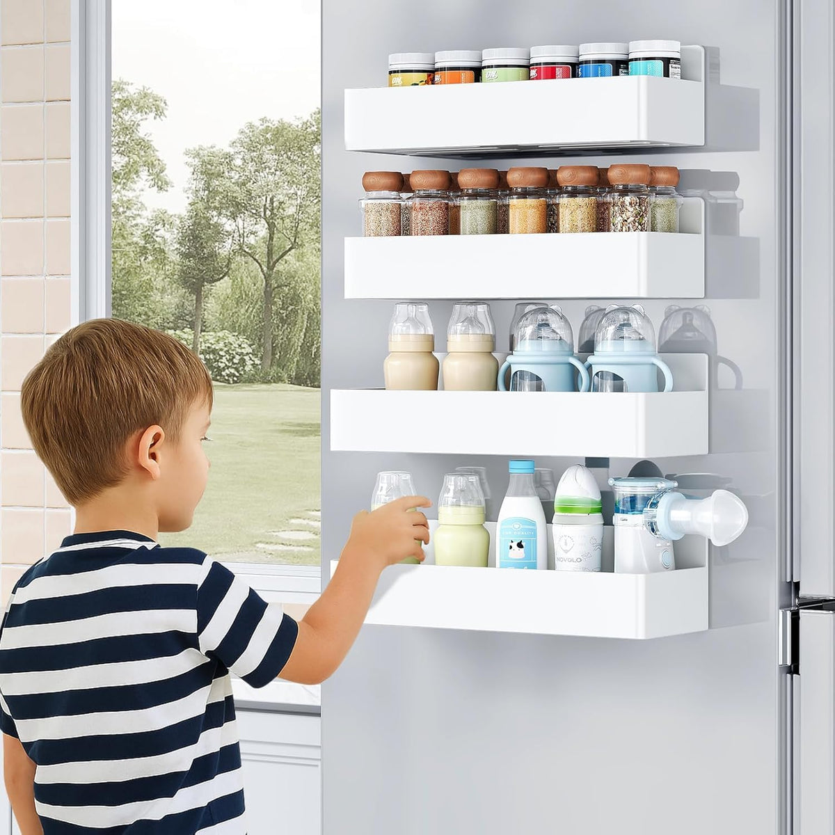 Magnetic Spice Rack for Refrigerator, Kitchen Organizer and Storage Shelf, Black (4 Pack)…
