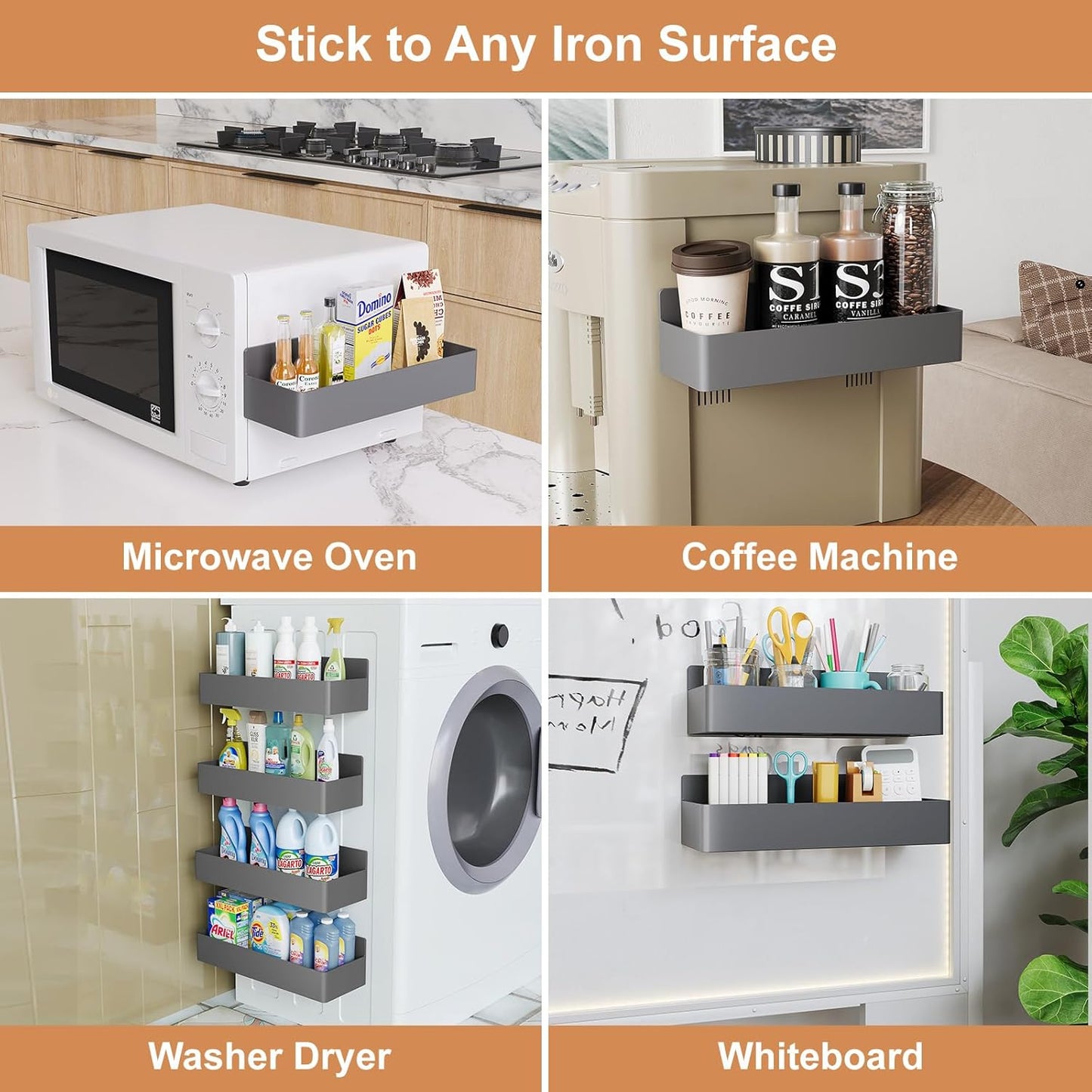Magnetic Spice Rack for Refrigerator, Kitchen Organizer and Storage Shelf, Black (4 Pack)…