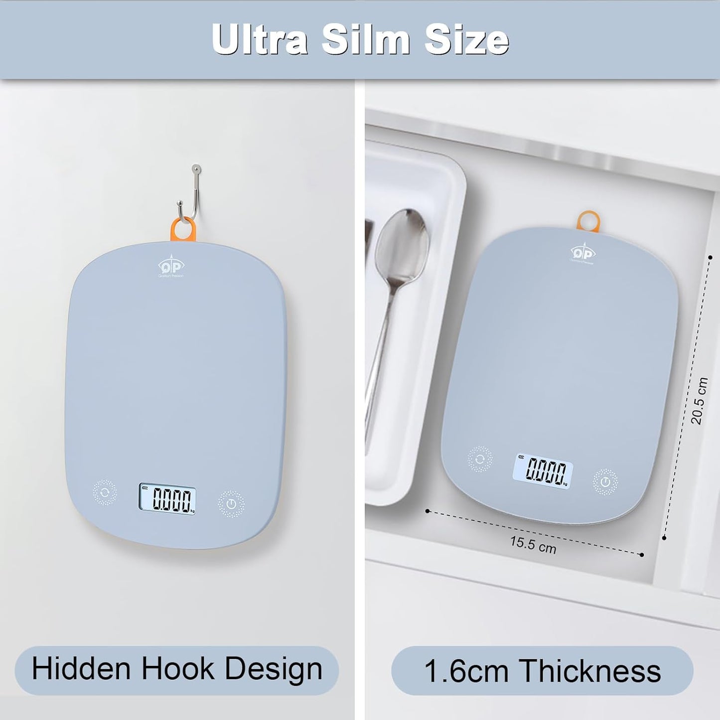 Digital Kitchen Food Scales,11 lb/5 kg,Suitable for Coffee and Cooking | 6 Units,1g High Accuracy,Touch Control,Tare Function, Auto Off,Ultra Slim,With Hook,Blue