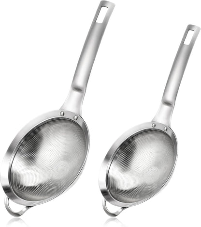 2 Packs Punch Hole Sieve Fine Mesh Stainless Steel Mesh Strainer Small Colander Strainer with Handle Metal Mini Sifter Set for Kitchen Baking Straining Flour Quinoa Tea Juice