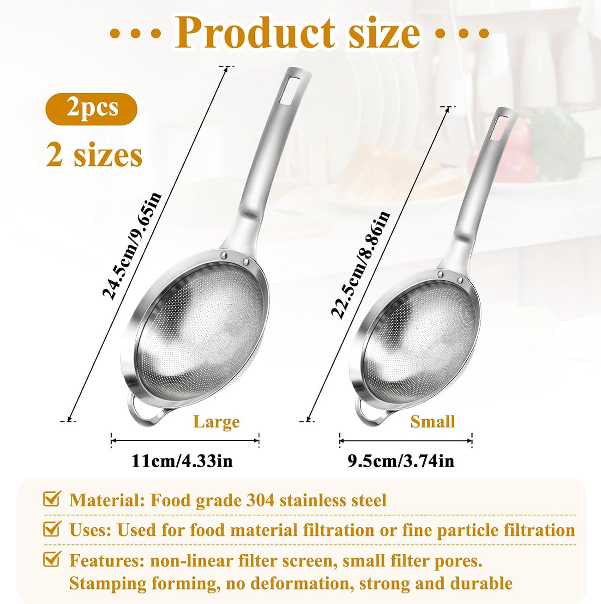 2 Packs Punch Hole Sieve Fine Mesh Stainless Steel Mesh Strainer Small Colander Strainer with Handle Metal Mini Sifter Set for Kitchen Baking Straining Flour Quinoa Tea Juice