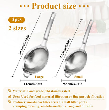 2 Packs Punch Hole Sieve Fine Mesh Stainless Steel Mesh Strainer Small Colander Strainer with Handle Metal Mini Sifter Set for Kitchen Baking Straining Flour Quinoa Tea Juice