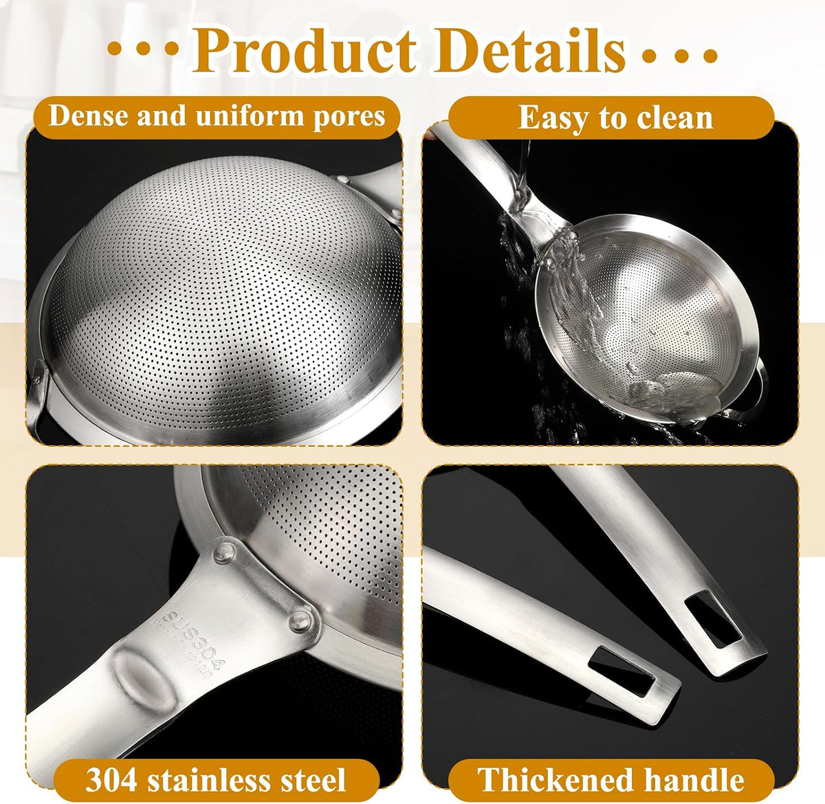 2 Packs Punch Hole Sieve Fine Mesh Stainless Steel Mesh Strainer Small Colander Strainer with Handle Metal Mini Sifter Set for Kitchen Baking Straining Flour Quinoa Tea Juice