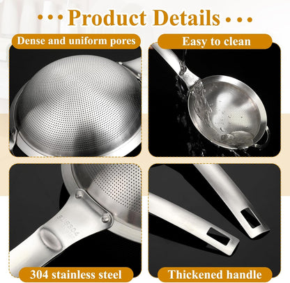2 Packs Punch Hole Sieve Fine Mesh Stainless Steel Mesh Strainer Small Colander Strainer with Handle Metal Mini Sifter Set for Kitchen Baking Straining Flour Quinoa Tea Juice