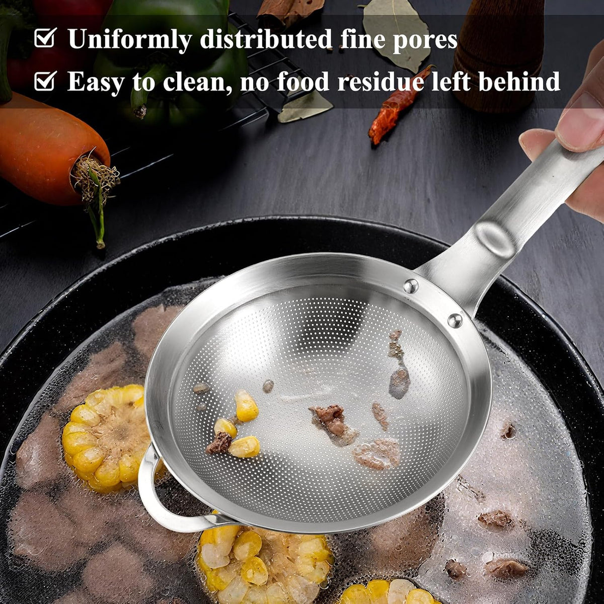 2 Packs Punch Hole Sieve Fine Mesh Stainless Steel Mesh Strainer Small Colander Strainer with Handle Metal Mini Sifter Set for Kitchen Baking Straining Flour Quinoa Tea Juice