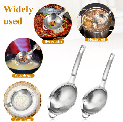 2 Packs Punch Hole Sieve Fine Mesh Stainless Steel Mesh Strainer Small Colander Strainer with Handle Metal Mini Sifter Set for Kitchen Baking Straining Flour Quinoa Tea Juice