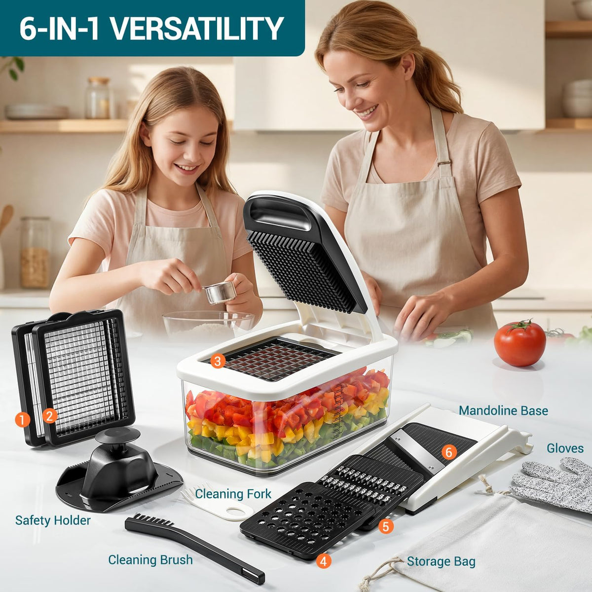 Vegetable Chopper Mandoline Slicer - Multifunctional Veggie Food Chopper With 6 Blades & Container, Heavy-Duty Vegetable Slicer and Cutter for Onion, Salad, and Food Preparation