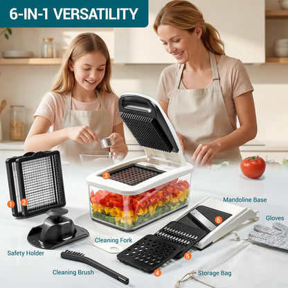 Vegetable Chopper Mandoline Slicer - Multifunctional Veggie Food Chopper With 6 Blades & Container, Heavy-Duty Vegetable Slicer and Cutter for Onion, Salad, and Food Preparation