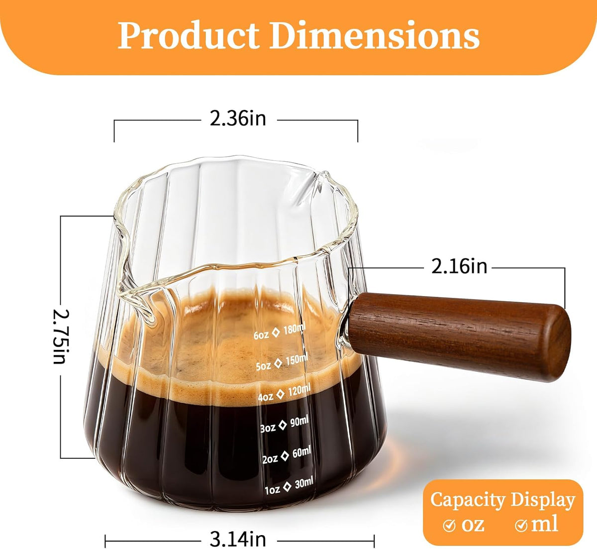 6oz Espresso Measuring Cup,Espresso Cup with Wood Handle/Double Spout 1 Pcs