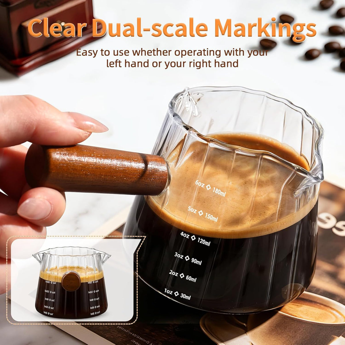 6oz Espresso Measuring Cup,Espresso Cup with Wood Handle/Double Spout 1 Pcs