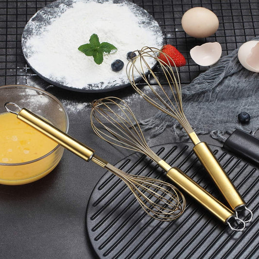 Gold Whisk Pack of 3 Stainless Steel 8",10",12", Titianium Plating Whisks for Cooking, Beater,Wire Whisk Set Kitchen Wisk (Gold)