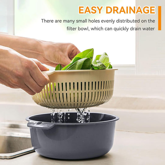 Kitchen Strainer Colander Bowl Sets, 2-in-1 Washing Bowl and Strainer Double-Layer Plastic Fruits Vegetable Washing Basket for Cleaning Washing Mixing(L-Round)