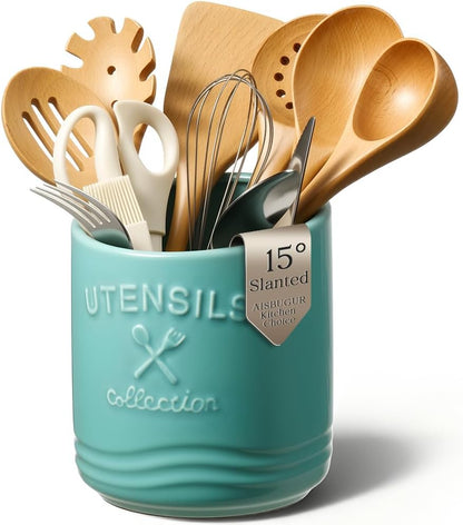 Large Ceramic Utensil Holder: 7.5" H×6.3" W with Slanted Mouth - Utensil Crock with Non-Slip Cork Base for Kitchen Counter, Ideal for Decor & Gift,white utensil holder