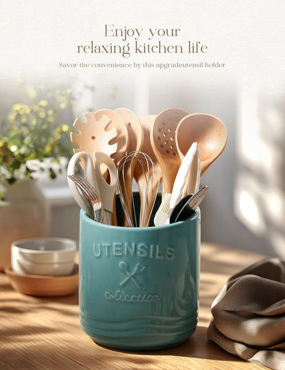 Large Ceramic Utensil Holder: 7.5" H×6.3" W with Slanted Mouth - Utensil Crock with Non-Slip Cork Base for Kitchen Counter, Ideal for Decor & Gift,white utensil holder