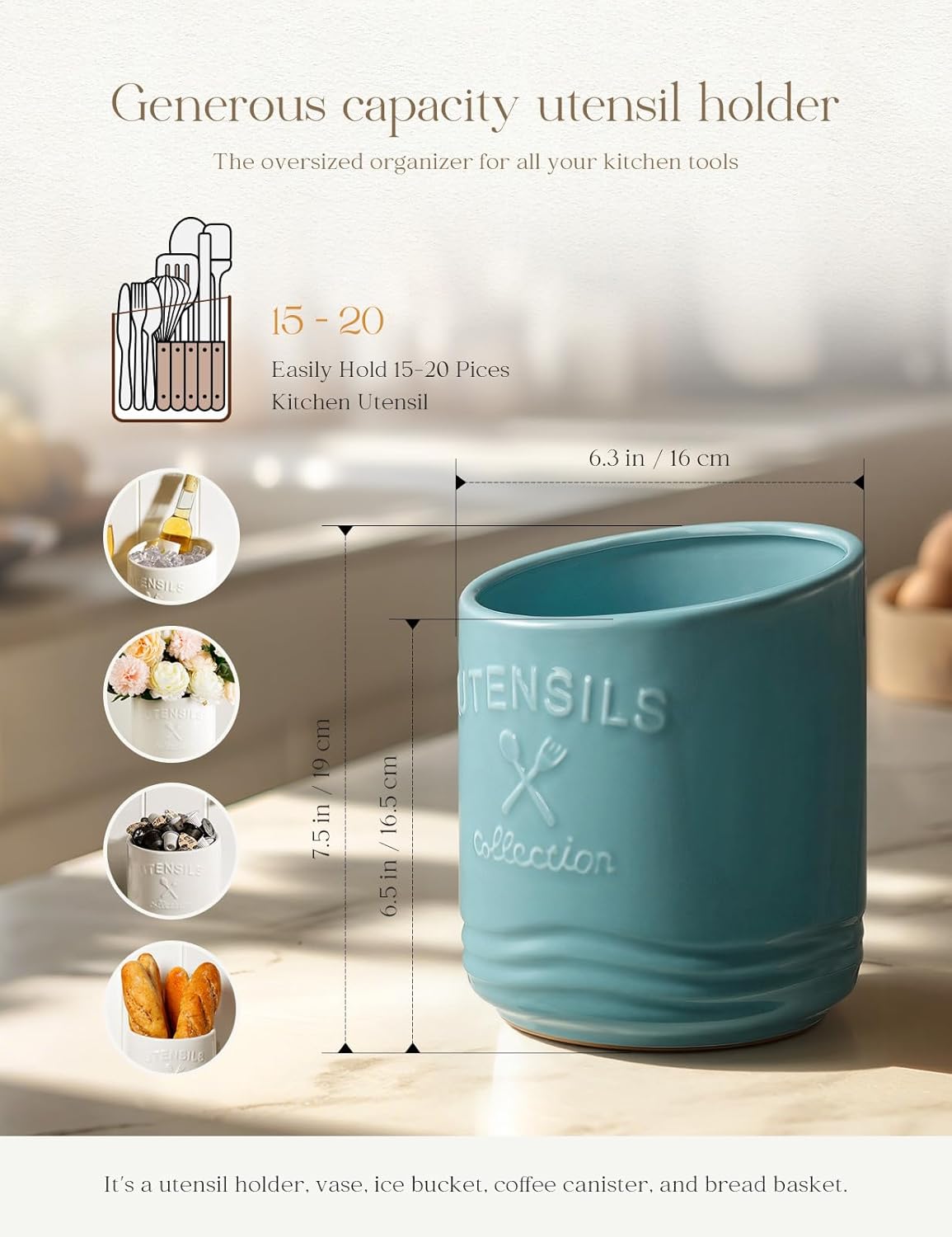 Large Ceramic Utensil Holder: 7.5" H×6.3" W with Slanted Mouth - Utensil Crock with Non-Slip Cork Base for Kitchen Counter, Ideal for Decor & Gift,white utensil holder