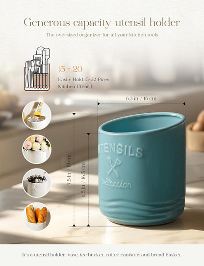 Large Ceramic Utensil Holder: 7.5" H×6.3" W with Slanted Mouth - Utensil Crock with Non-Slip Cork Base for Kitchen Counter, Ideal for Decor & Gift,white utensil holder