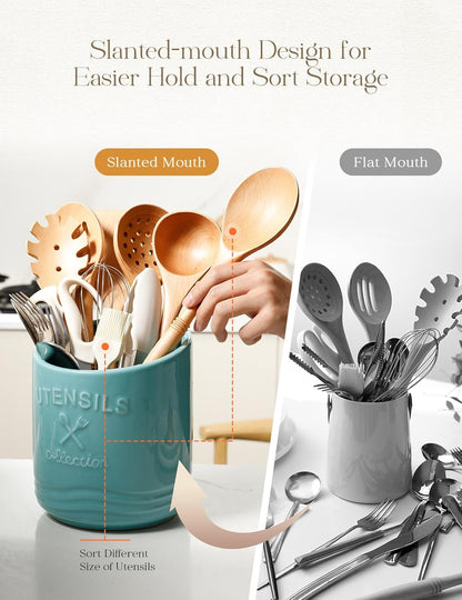 Large Ceramic Utensil Holder: 7.5" H×6.3" W with Slanted Mouth - Utensil Crock with Non-Slip Cork Base for Kitchen Counter, Ideal for Decor & Gift,white utensil holder