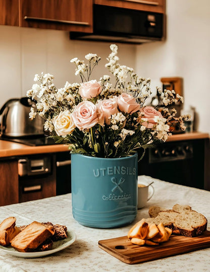 Large Ceramic Utensil Holder: 7.5" H×6.3" W with Slanted Mouth - Utensil Crock with Non-Slip Cork Base for Kitchen Counter, Ideal for Decor & Gift,white utensil holder