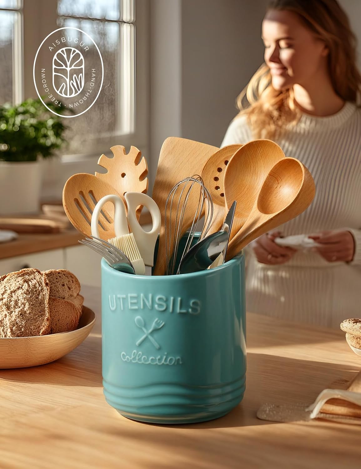 Large Ceramic Utensil Holder: 7.5" H×6.3" W with Slanted Mouth - Utensil Crock with Non-Slip Cork Base for Kitchen Counter, Ideal for Decor & Gift,white utensil holder
