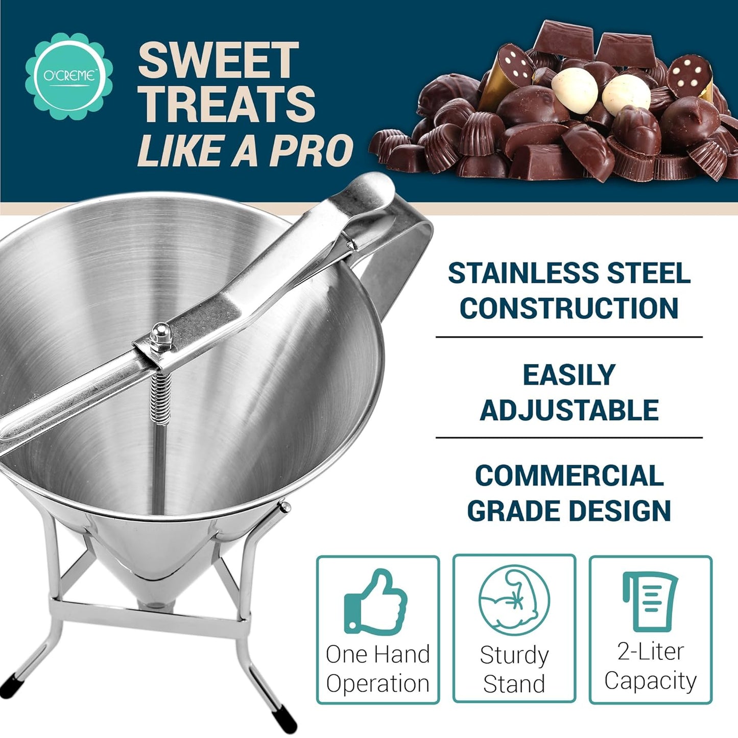 Stainless Steel Confectionery Funnel with Precision Nozzle Tips | Includes 1/8", 1/4", and 1/3" interchangeable tips for chocolate, sauces, batter, and pastry dispensing work.
