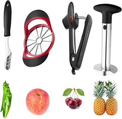 Apple Slicer Corer with 12 Blades, Cherry & Olive Pitter, Pineapple Corer Peeler Slicer Cutter and Jalapeno Pepper Core Remover, 4-piece Set Bundle Kitchen Gadget Tools