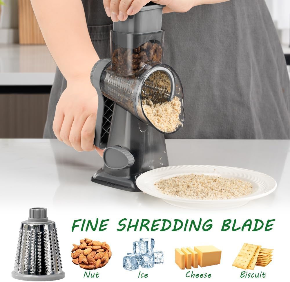 3 in 1 Manual Vegetable Cutter Machine with Stainless Steel Changeable Blades Rotary Cheese Grater Kitchen Tool Potato Slicer Shredder Nuts Chocolate Chopper (Transparent black)