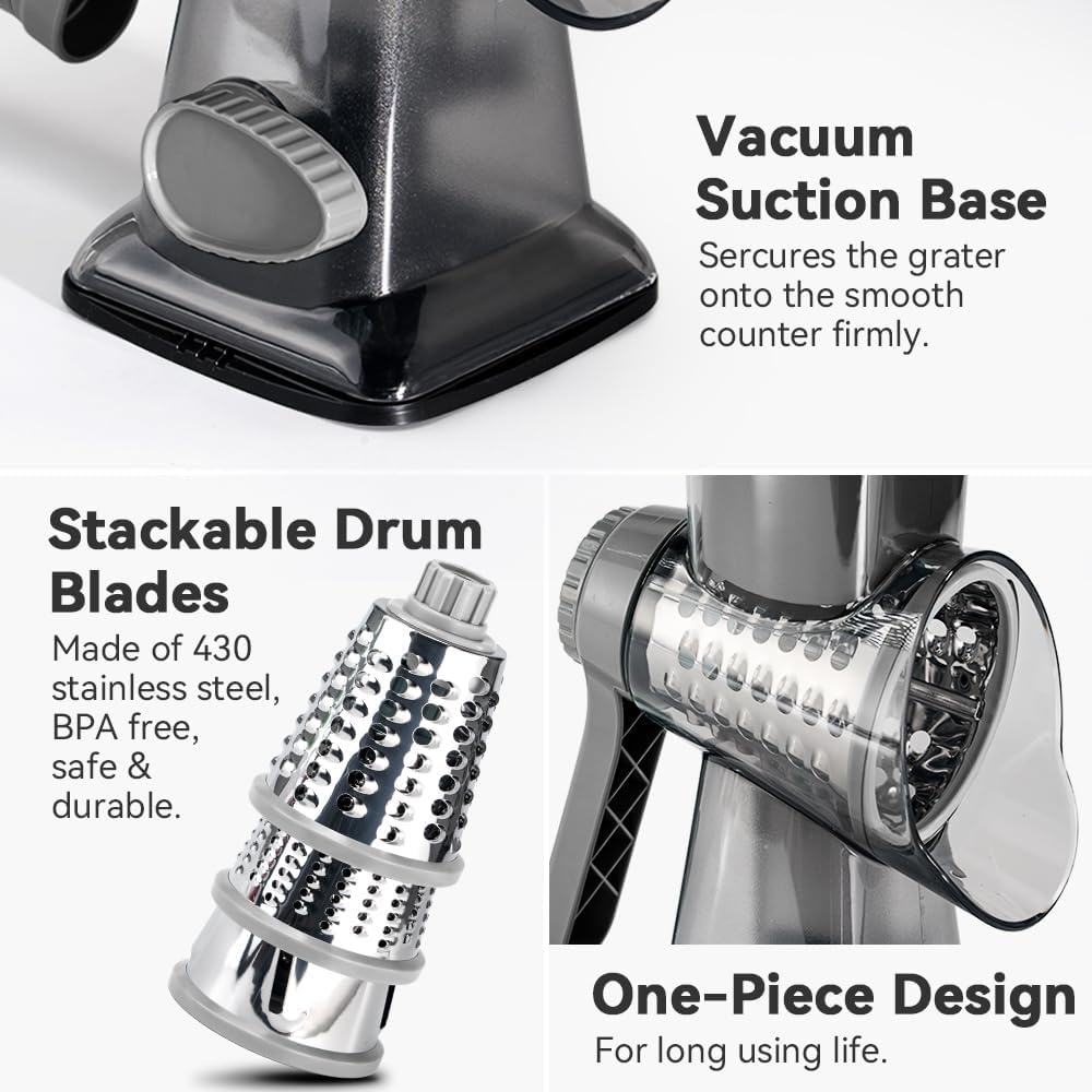 3 in 1 Manual Vegetable Cutter Machine with Stainless Steel Changeable Blades Rotary Cheese Grater Kitchen Tool Potato Slicer Shredder Nuts Chocolate Chopper (Transparent black)