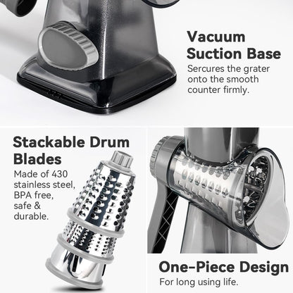 3 in 1 Manual Vegetable Cutter Machine with Stainless Steel Changeable Blades Rotary Cheese Grater Kitchen Tool Potato Slicer Shredder Nuts Chocolate Chopper (Transparent black)