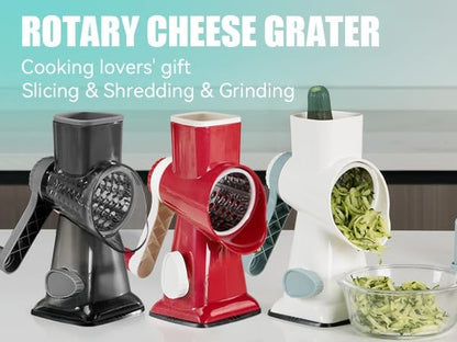 3 in 1 Manual Vegetable Cutter Machine with Stainless Steel Changeable Blades Rotary Cheese Grater Kitchen Tool Potato Slicer Shredder Nuts Chocolate Chopper (Transparent black)