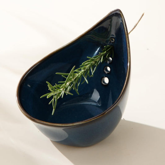 Herb Stripper Bowl, Ceramic Herb Peeling Bowl, Herbs Leaf Stripping Tool | Kitchen Pottery Herb Peeler for Thyme, Basil, Rosemary, Parsley, Oregano, Cilantro Stripper, Reactive Glaze (Blue)