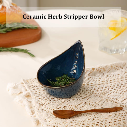 Herb Stripper Bowl, Ceramic Herb Peeling Bowl, Herbs Leaf Stripping Tool | Kitchen Pottery Herb Peeler for Thyme, Basil, Rosemary, Parsley, Oregano, Cilantro Stripper, Reactive Glaze (Blue)
