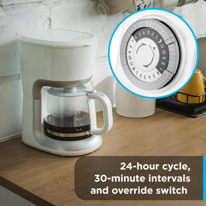24‑Hour Plug-in Mechanical Timer Outlet, 2 Grounded Outlets, 2 Pack | Plug-in Control for Indoor Lighting, Lamps, Christmas Trees, Manual Override Switch, 30-Minute Intervals