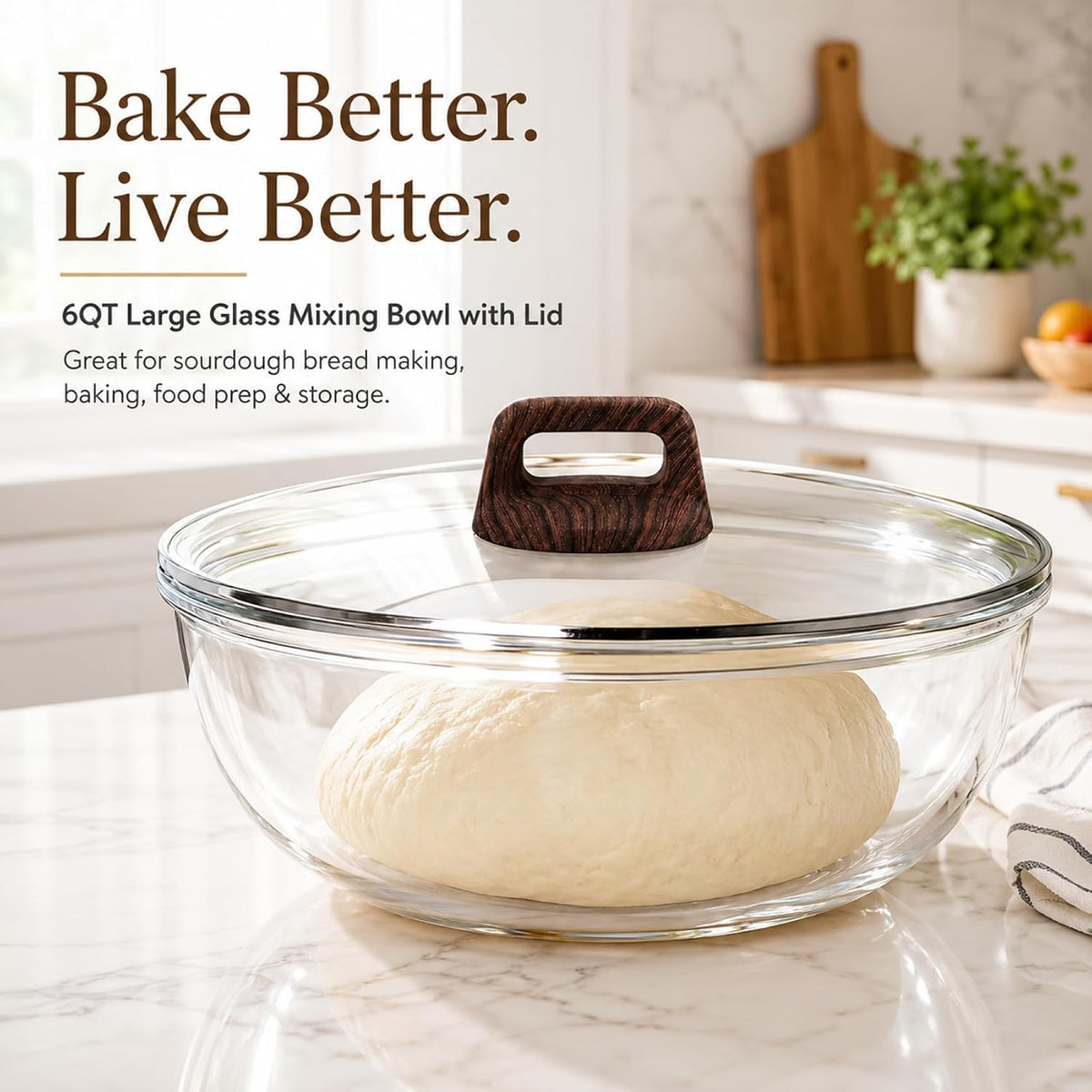 6 QT Large Glass Mixing Bowl with Lid for Sourdough Bread Making & Proofing